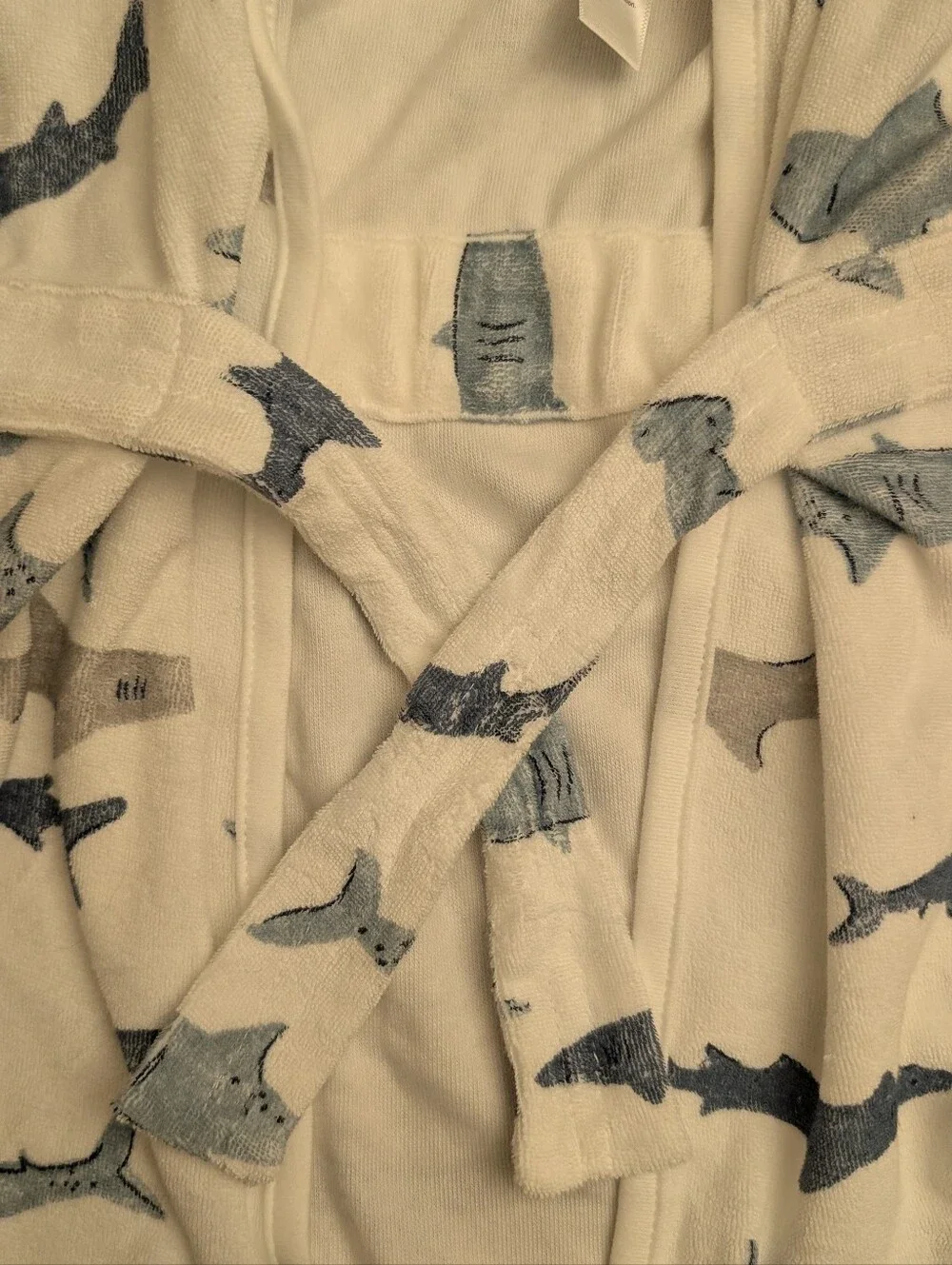 0-9 M Baby Hooded Bathrobe - Blue & White Shark Plush Robe w/ Tie Waist